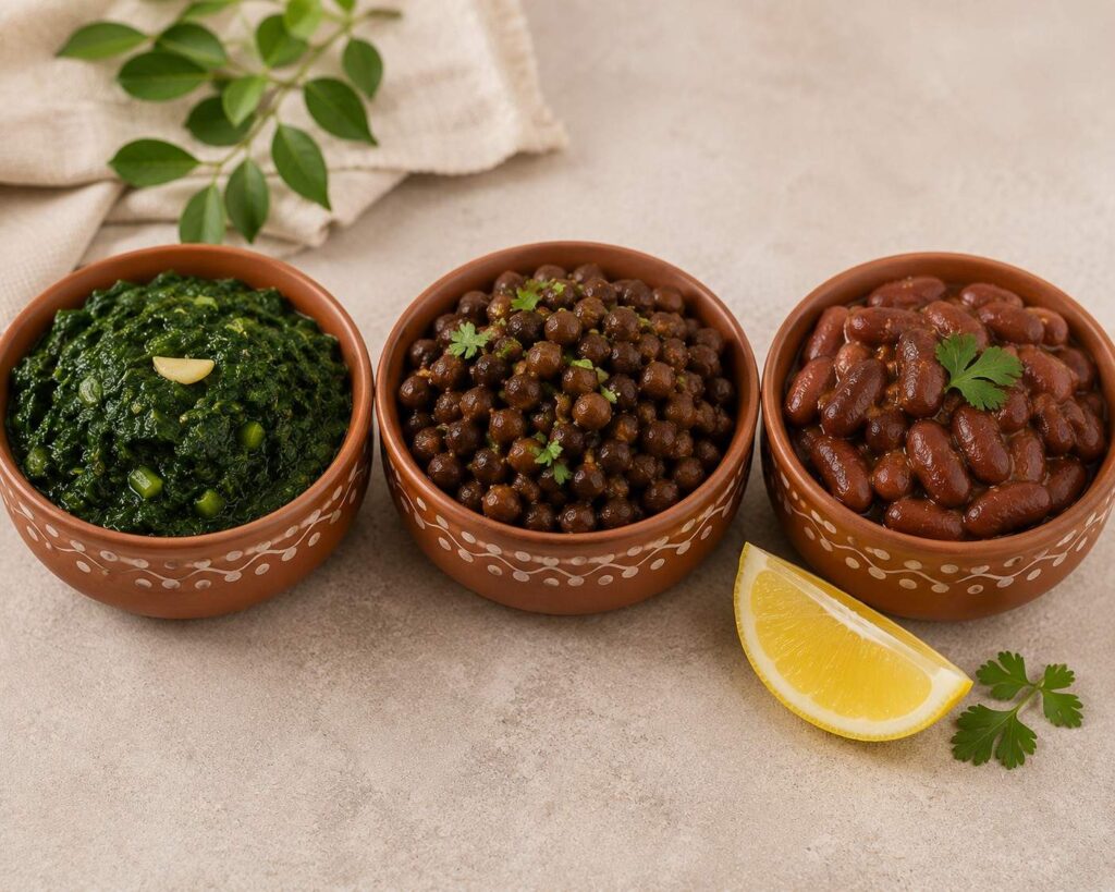 Iron rich Indian foods palak kala chana and rajma in earthen bowls for grey hair prevention diet in India