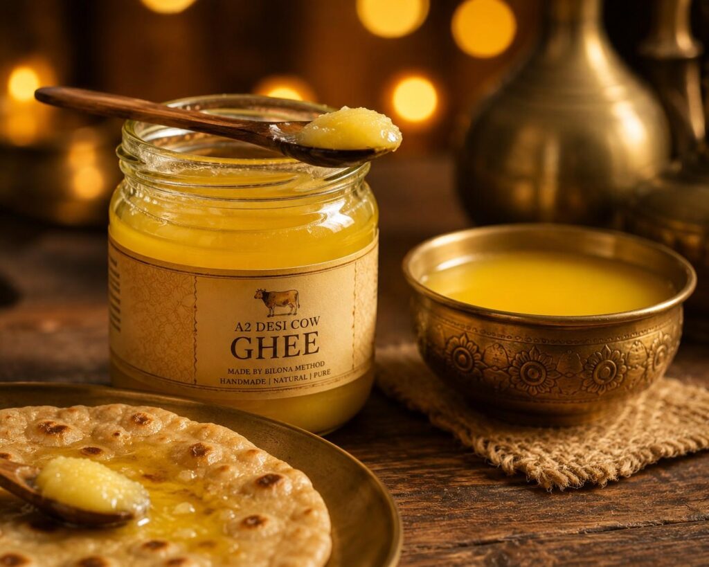 Pure desi cow ghee in a glass jar containing vitamins A D E and K to support diet for grey hair prevention