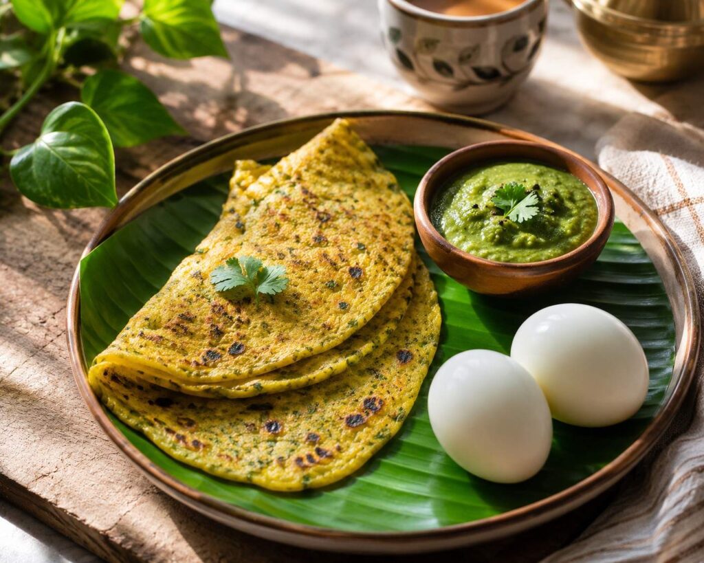 Protein rich Indian breakfast with eggs and moong dal chilla providing tyrosine and biotin for diet for grey hair