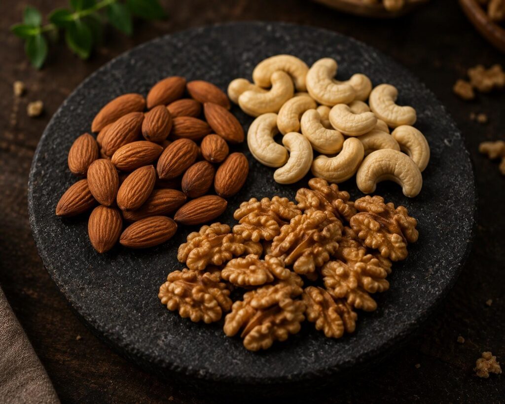 Mixed nuts almonds cashews and walnuts rich in copper zinc and Vitamin E for Indian diet for grey hair