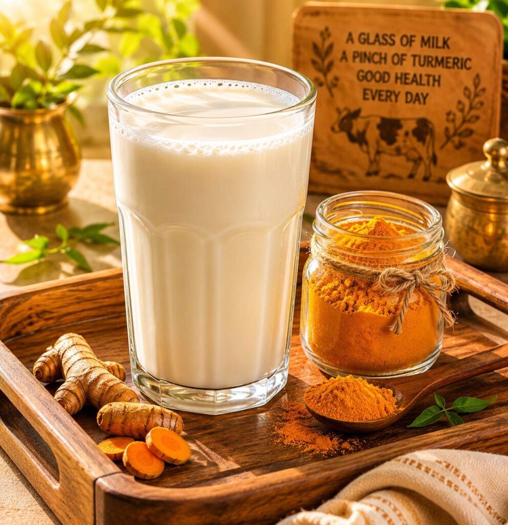 Glass of cow milk with turmeric providing calcium vitamin D and B12 for premature grey hair diet plan in India