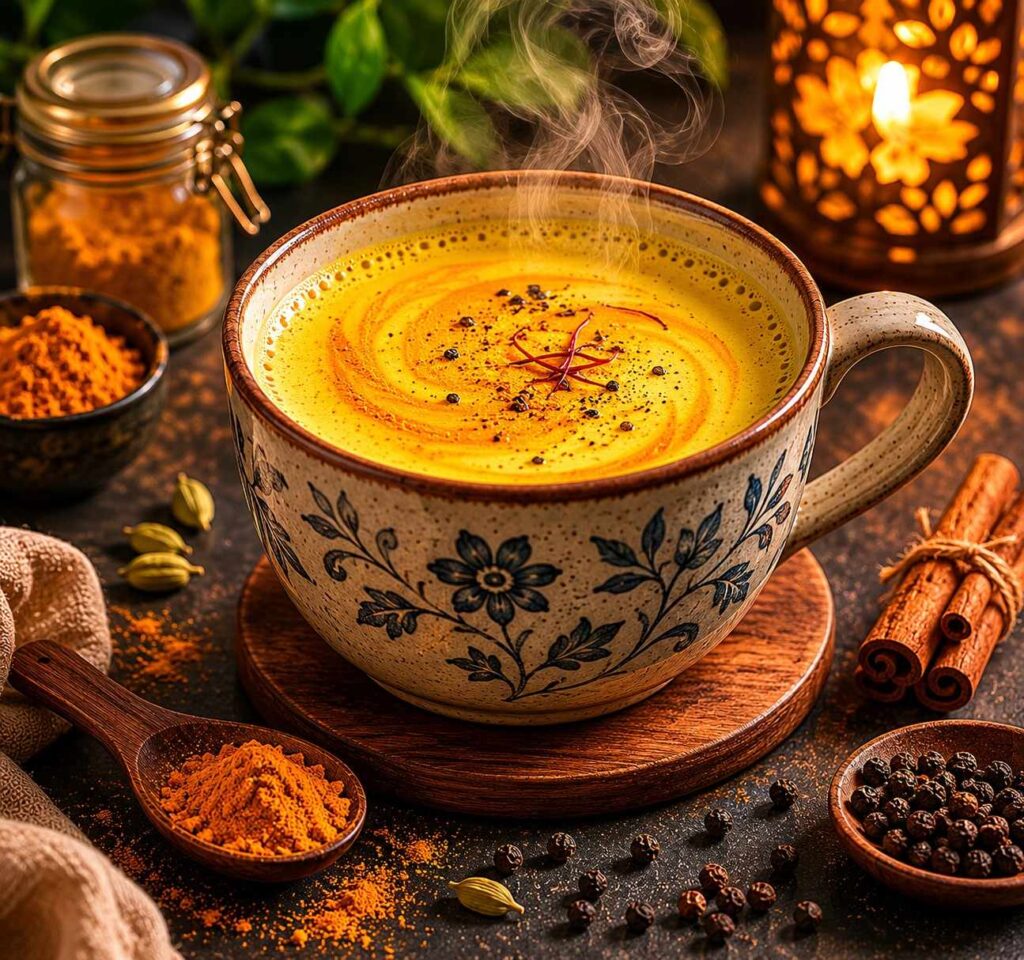 Haldi doodh golden milk with turmeric and black pepper as antioxidant bedtime drink for grey hair diet