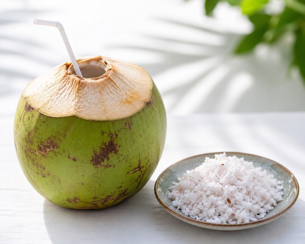 Tender coconut water and fresh coconut for Pitta cooling and anti-aging benefits in Indian diet for grey hair