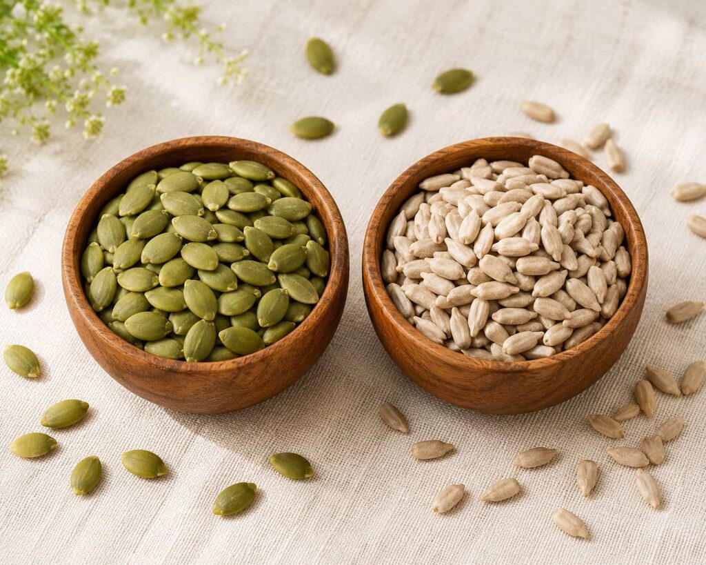 Pumpkin seeds and sunflower seeds rich in zinc folate and Vitamin E for grey hair prevention diet in India