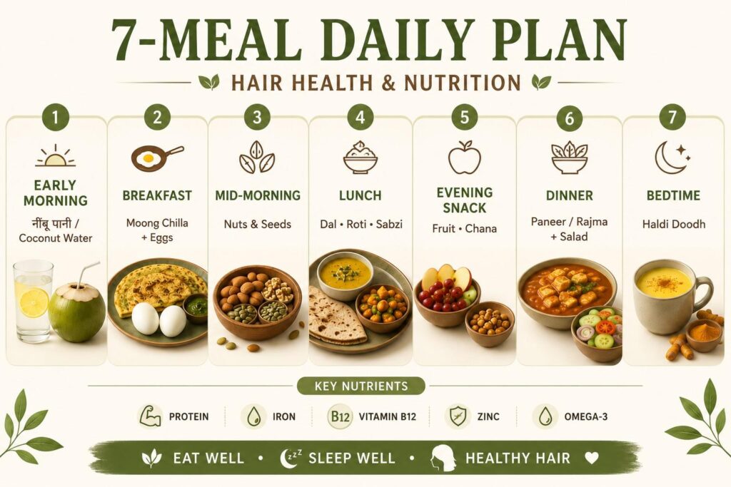 1 day Indian meal plan infographic for diet for grey hair showing amla curry leaves dal ghee and haldi doodh