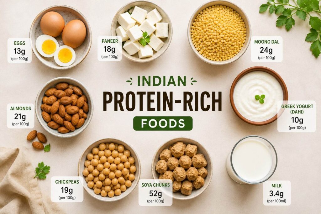  Indian protein foods flat lay · Full-width center block. Place directly above or below the food grid table. This is the most shareable image — give it maximum space.