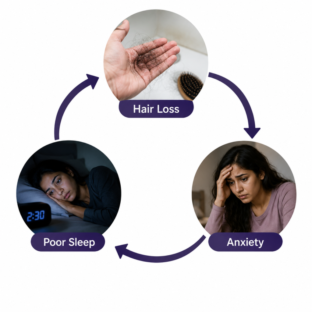Stress sleep hair loss feedback loop — cortisol cycle causing hair fall in Indians