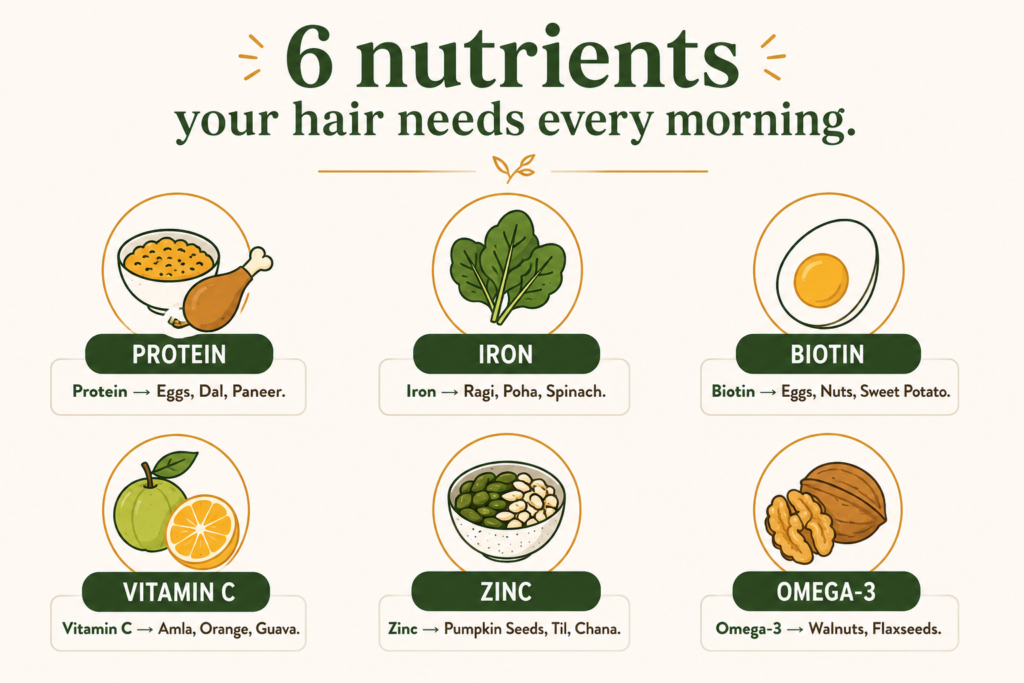 Infographic showing 6 key nutrients for hair growth — protein, iron, biotin, vitamin C, zinc, and omega-3 — with Indian food sources