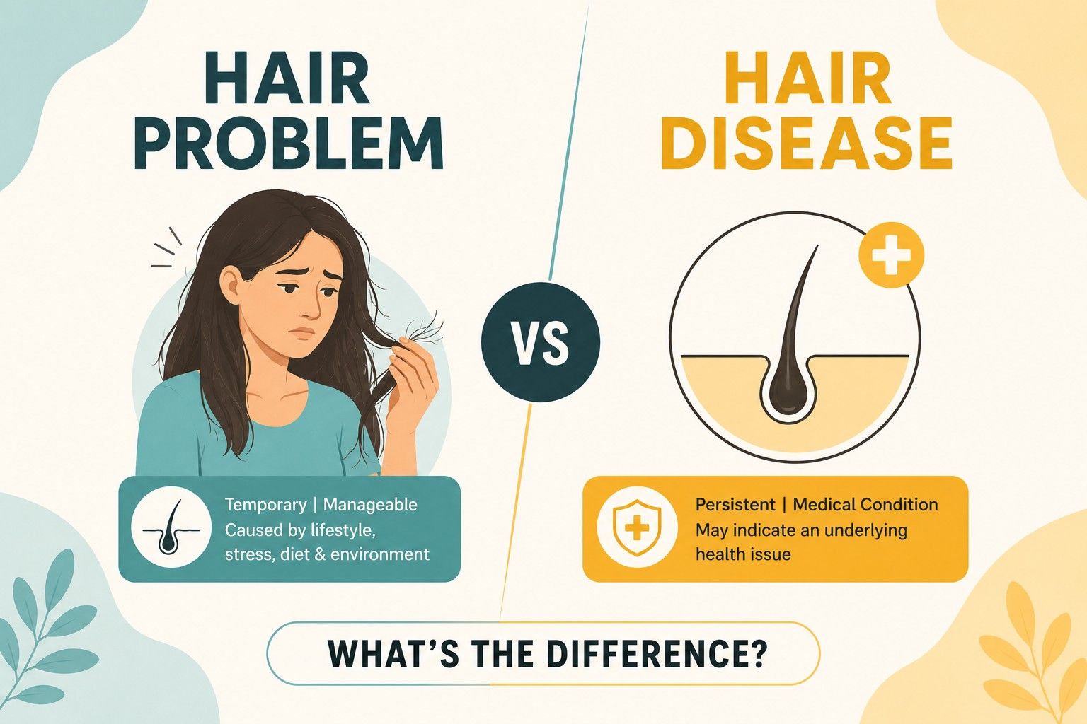 Indian woman comparing hair problem vs hair disease — illustration showing the difference between common hair fall and a clinical hair disorder