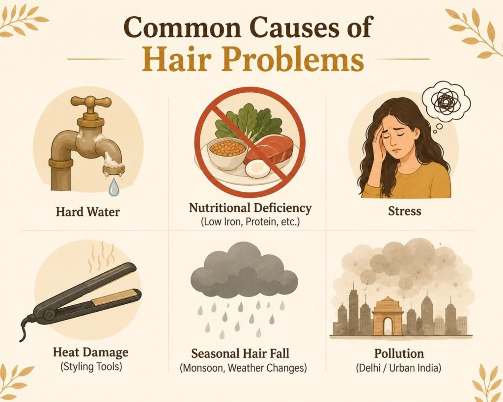 Illustration showing common causes of hair problems in India including hard water, nutritional deficiency, stress, heat damage, and pollution