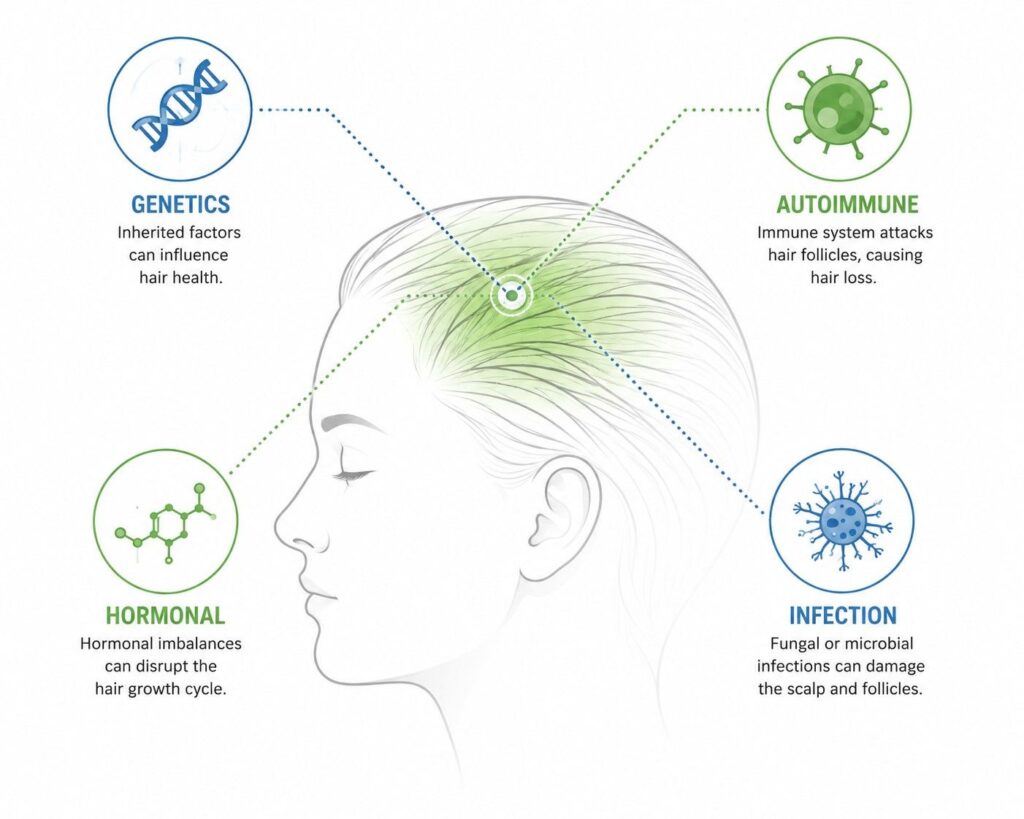 Diagram showing internal causes of hair diseases including genetics, autoimmune response, hormonal imbalance, and fungal infection affecting the scalp