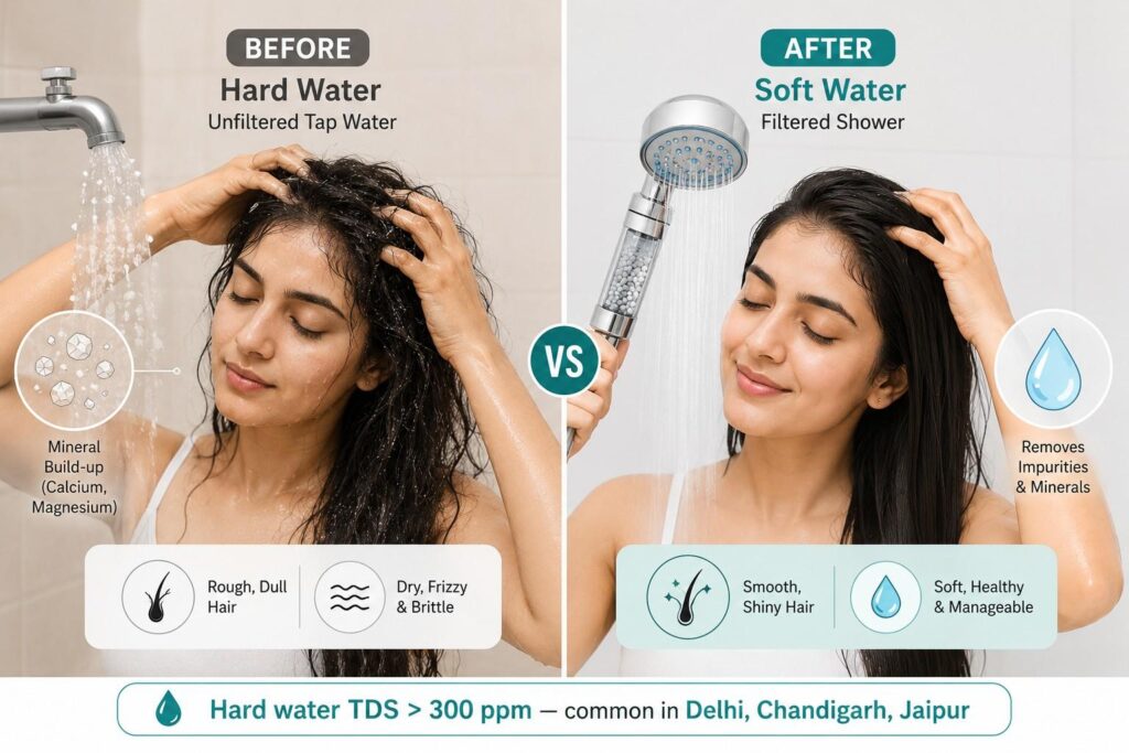 Illustration showing how hard water mineral buildup causes hair damage in Indian cities like Delhi and Chandigarh compared to filtered water