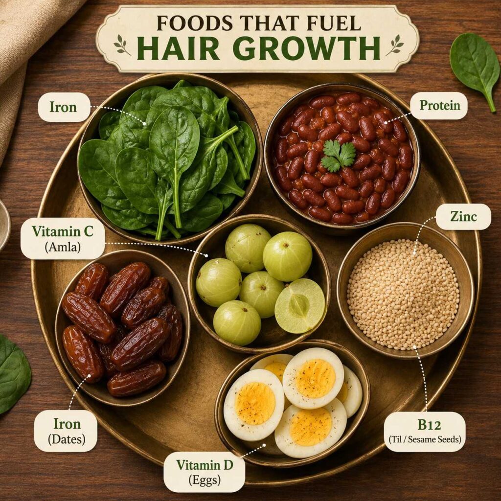 Indian foods rich in iron, B12, zinc, and protein to prevent nutritional deficiency hair fall — palak, rajma, amla, dates, and sesame seeds