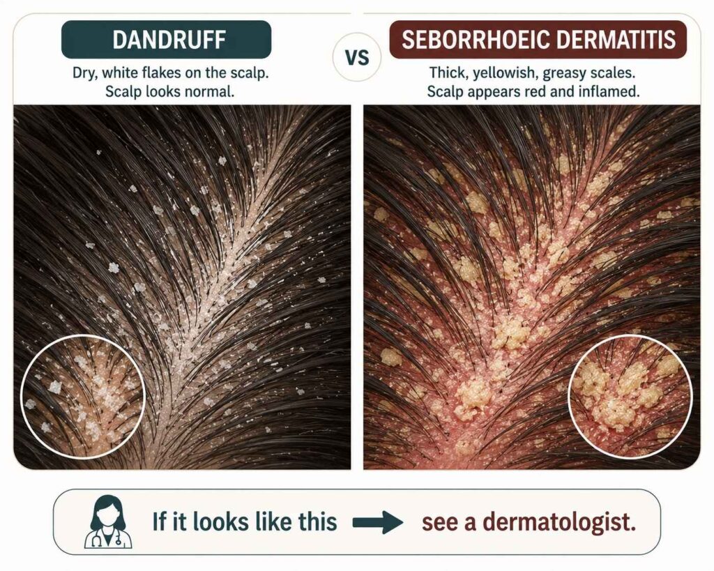 Illustration comparing dandruff and seborrhoeic dermatitis scalp conditions — showing the difference between dry white flakes and thick greasy yellowish scales