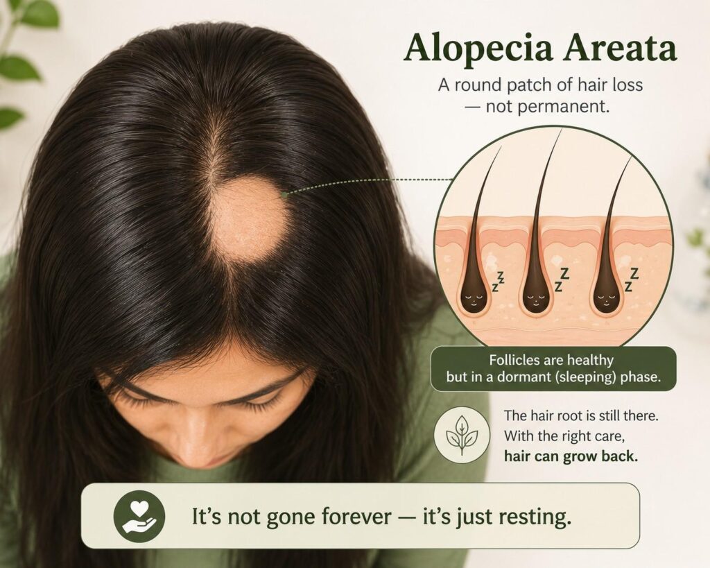 Illustrated diagram of alopecia areata showing a smooth round bald patch on the scalp with dormant hair follicles that can be treated by a dermatologist