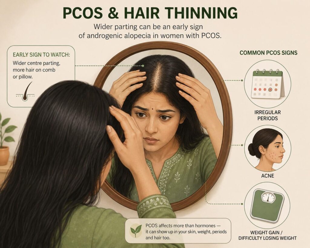 Illustration of Indian woman with PCOS-related hair thinning showing widened centre parting alongside other PCOS symptoms like irregular periods and acne