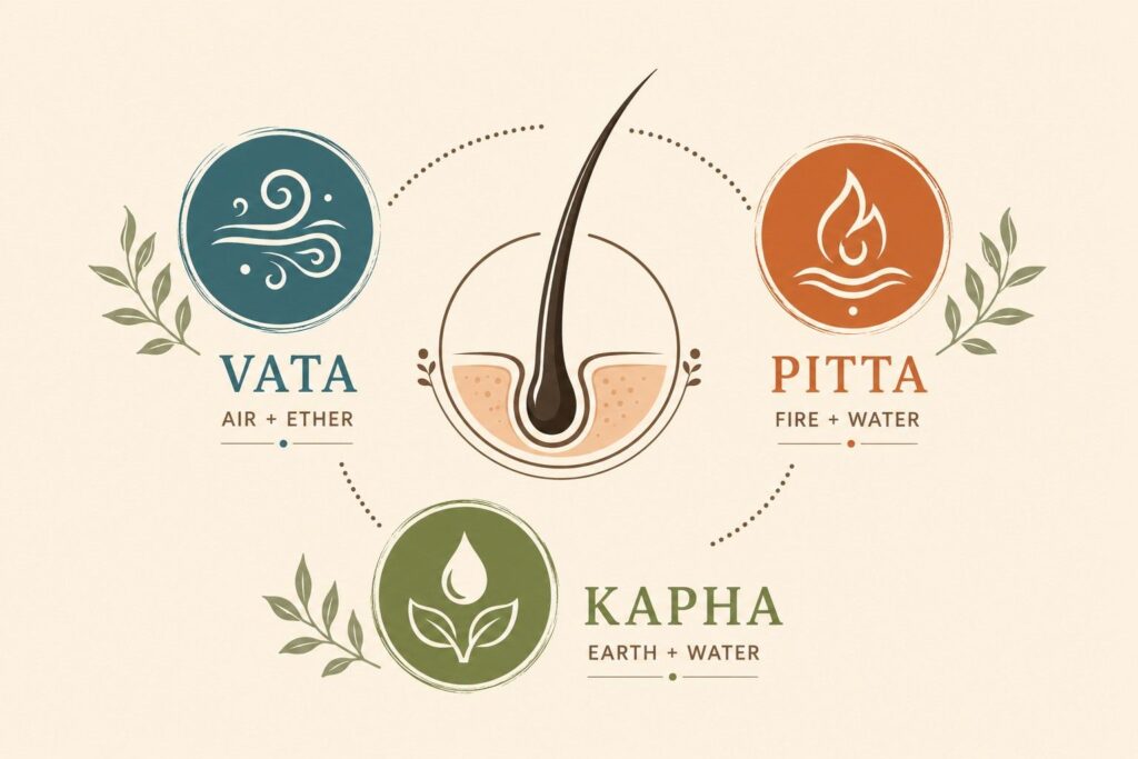 Ayurvedic doshas causing hair fall — Vata, Pitta and Kapha imbalance