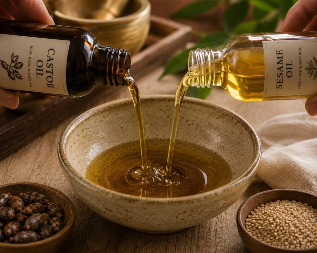 Castor oil and sesame oil blend for hair fall and scalp nourishment