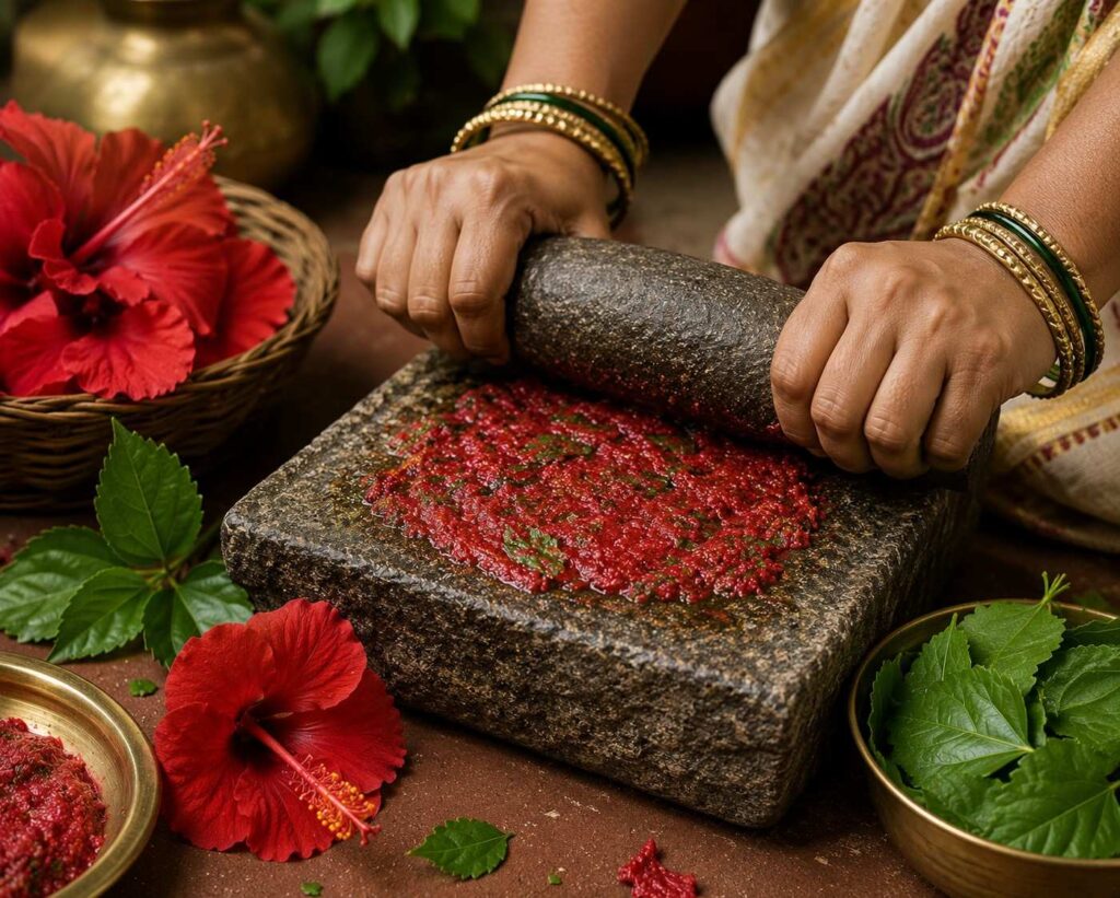 Hibiscus flower and leaf paste for hair fall Ayurvedic home remedy