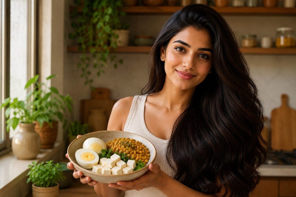 Indian woman with healthy hair holding protein-rich foods like eggs, paneer and dal for hair growth