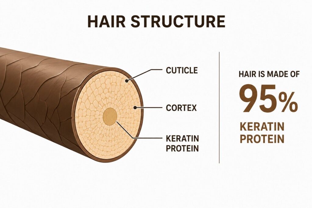 Cross-section diagram of a hair strand showing keratin protein structure — 95% of hair is made of keratin