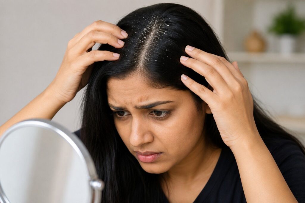 "Indian woman with dandruff problem showing visible scalp flakes before natural dandruff treatment"