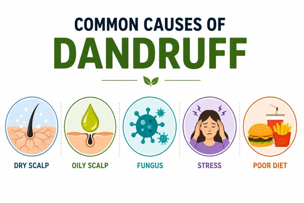 Infographic showing common causes of dandruff including dry scalp, oily skin, fungus, stress, and poor diet"
