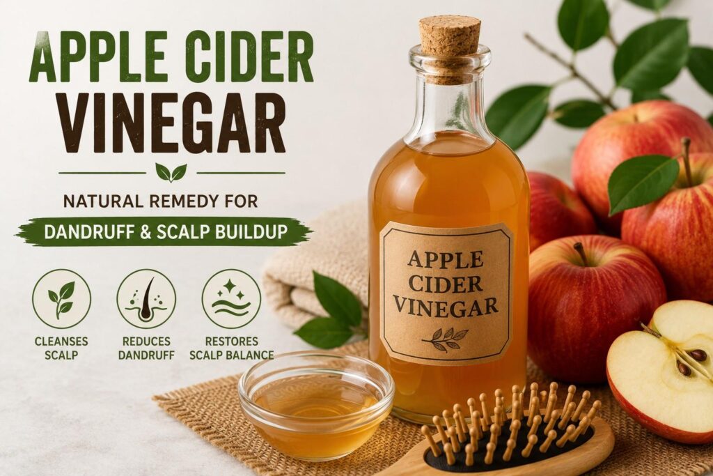 "Apple cider vinegar in a glass bottle used as a natural remedy for dandruff and scalp buildup"