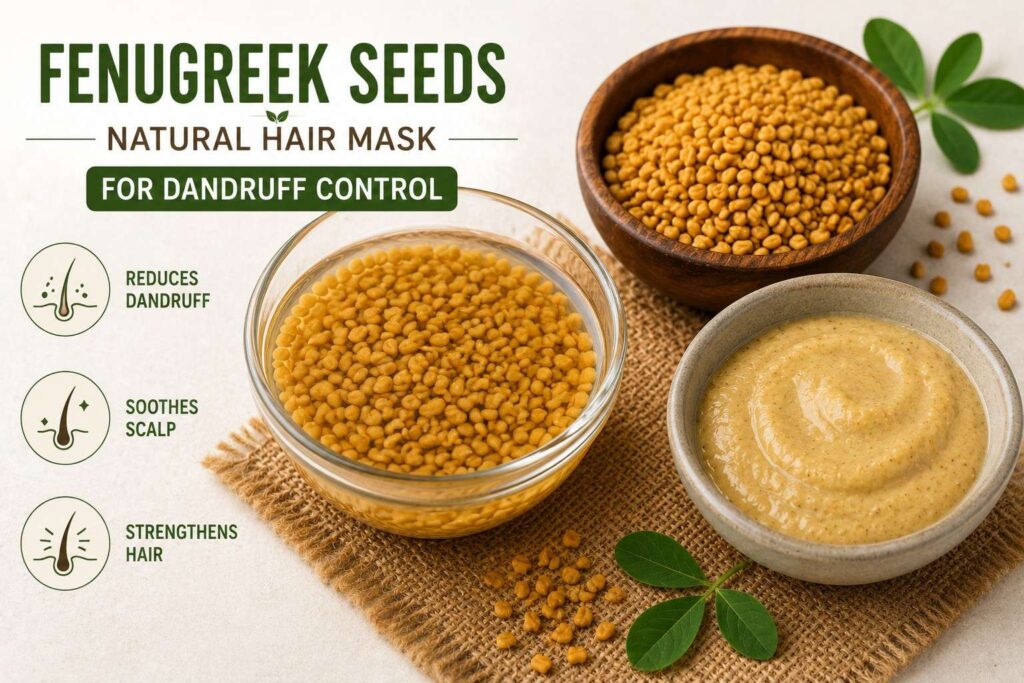 "Fenugreek seeds soaked in water and prepared as a natural hair mask for dandruff control"