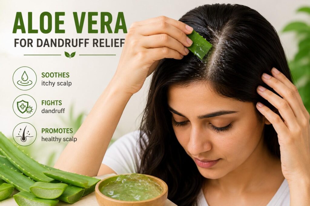 "Fresh aloe vera gel being applied to the scalp to soothe itching and reduce dandruff"