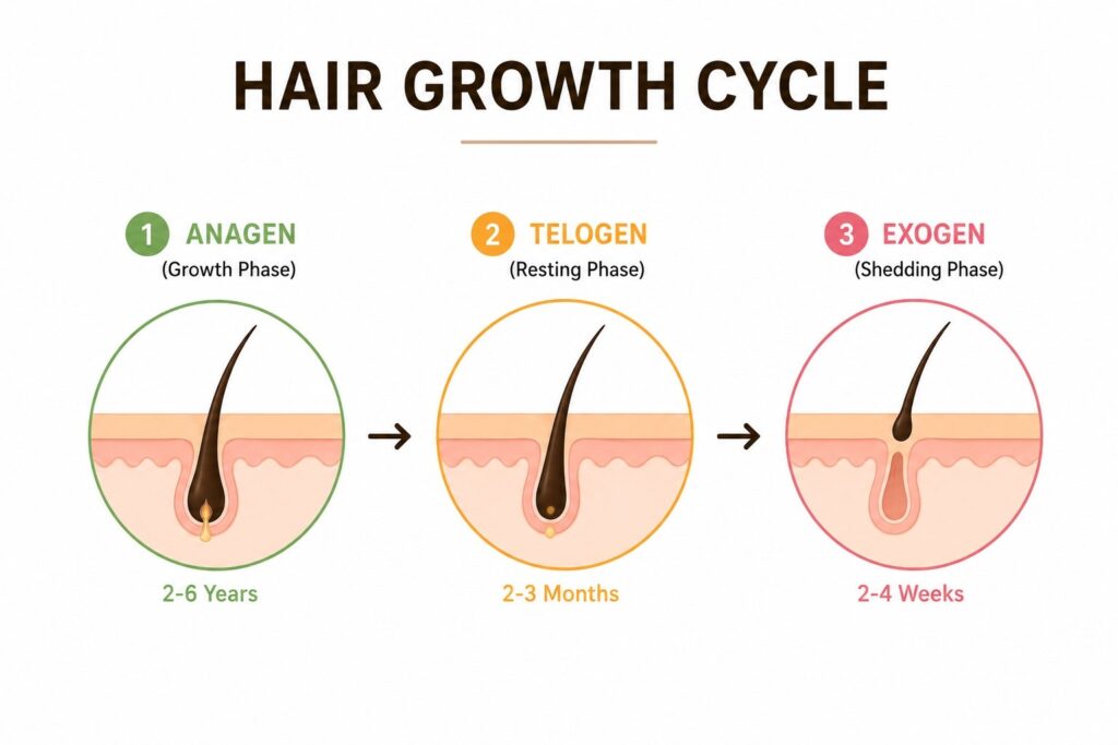 Hair growth cycle infographic · Full-width center block. Place after the 3-phase (Anagen/Telogen/Exogen) explanation, before Point 3 begins.