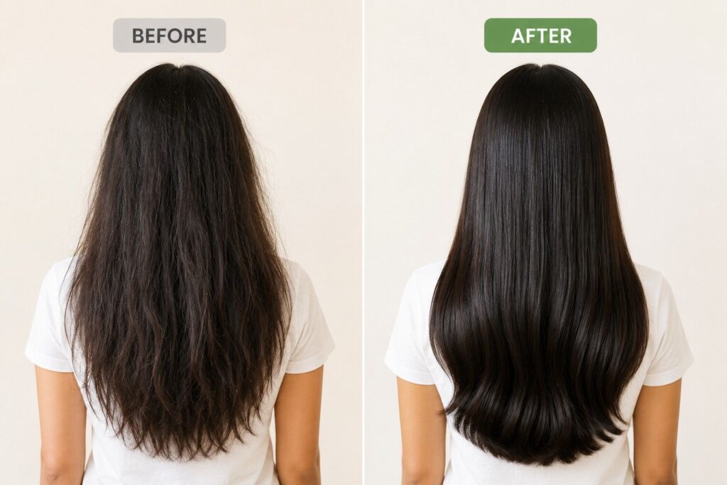 Before & after comparison photo · Float left (45% width). Place beside the paragraph about dull vs healthy hair. Reader sees the visual while reading the description.