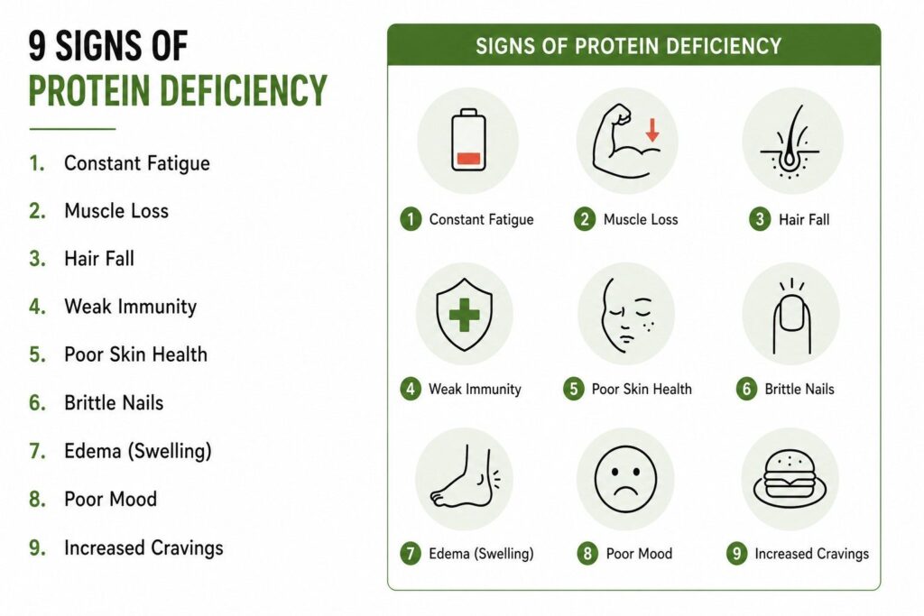 Signs of protein deficiency infographic · Float right (40% width) beside the 9-point list. Reader sees the checklist icons while reading each symptom — strong parallel visual effect.