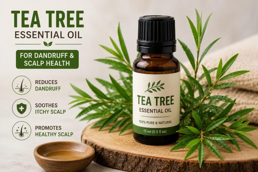 Tea tree essential oil bottle beside fresh leaves used for dandruff and scalp health"