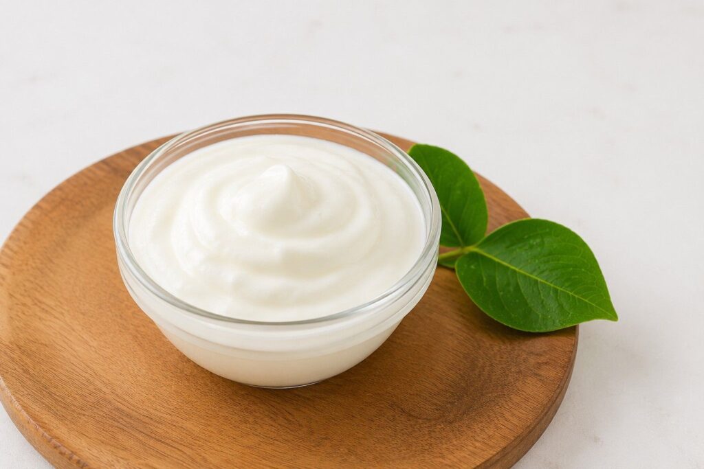Natural yogurt hair mask being applied to hair and scalp for dandruff reduction"