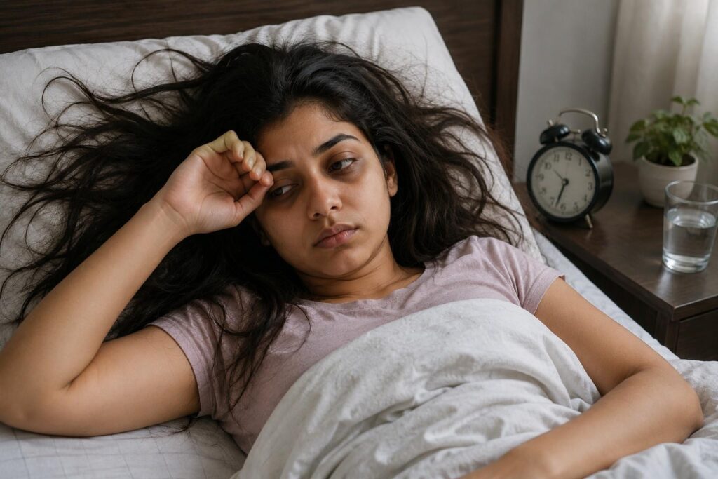 Can poor sleep cause hair loss — tired Indian woman with hair fall on pillow