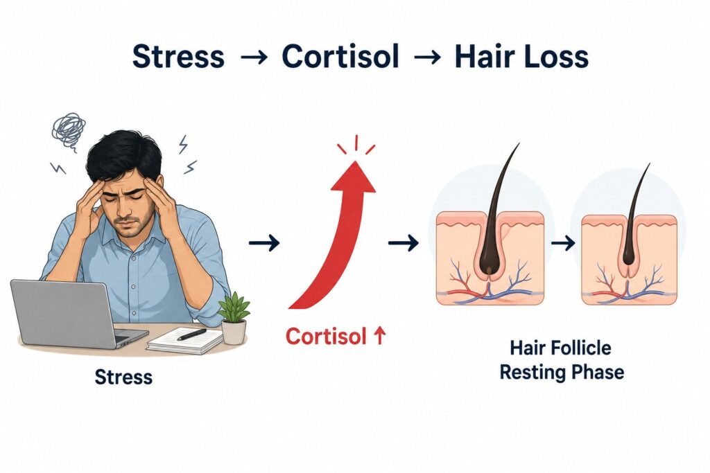Cortisol spike from poor sleep causing hair follicle damage — hair loss India
