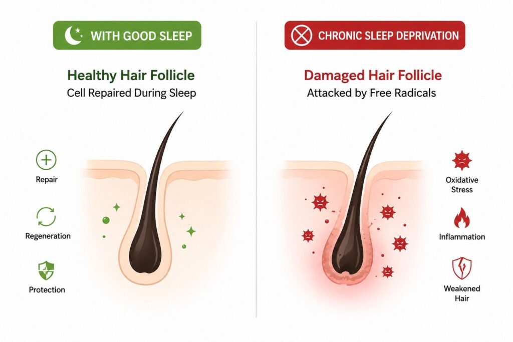 Oxidative stress from sleep deprivation damaging hair follicle cells — premature greying hair loss