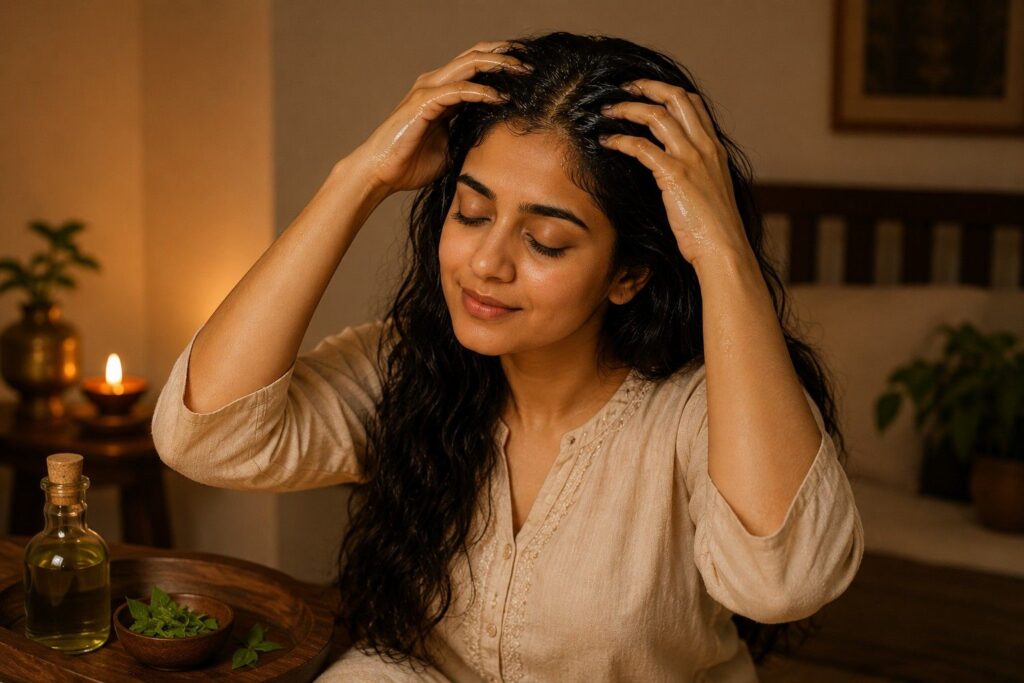 Brahmi oil scalp massage before sleep for hair growth — Indian home remedy for hair fall