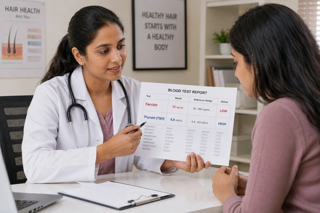 Blood tests for hair loss diagnosis ferritin thyroid vitamin D — when to see doctor for hair fall India