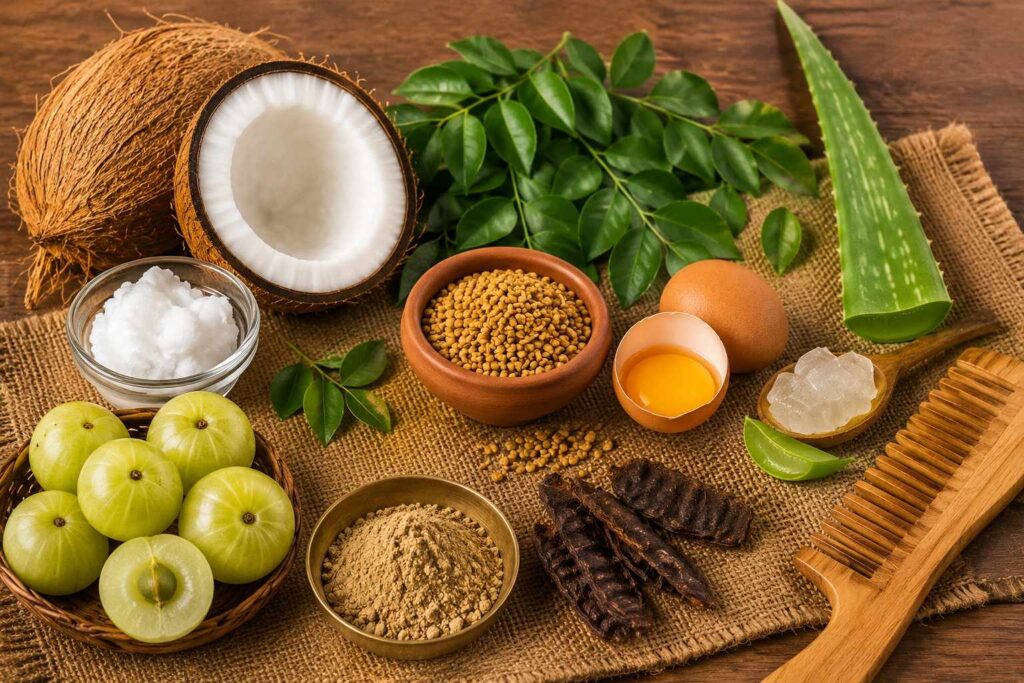 home remedies to repair damaged hair naturally including coconut oil amla curry leaves methi seeds and aloe vera on wooden surface