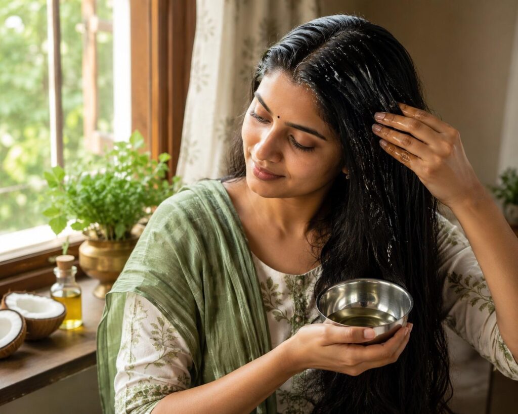 Indian woman applying warm coconut oil to sectioned damaged hair at home for deep conditioning treatment