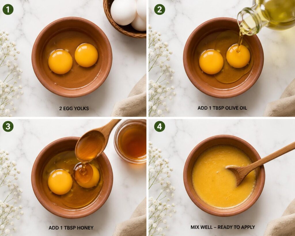 step by step preparation of egg yolk olive oil and honey hair mask for repairing damaged hair naturally at home