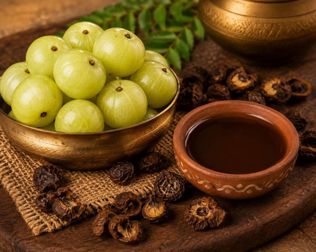 fresh amla fruits and amla infused coconut oil in brass bowl for Ayurvedic damaged hair treatment India