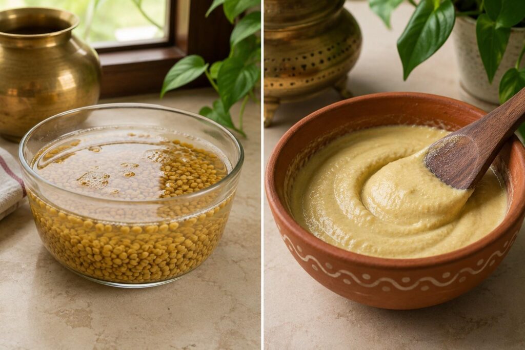 fenugreek methi seeds soaked overnight and ground into paste for natural damaged hair repair treatment at home