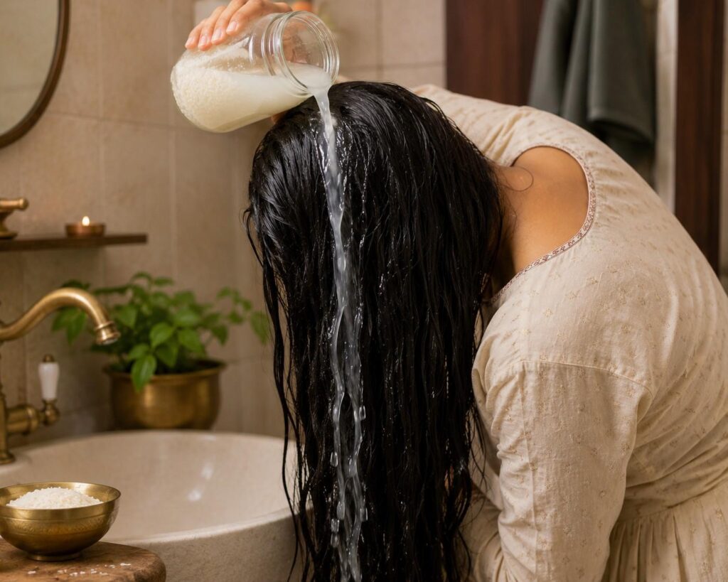 woman pouring rice water rinse over long damaged hair for natural hair repair and strength treatment at home