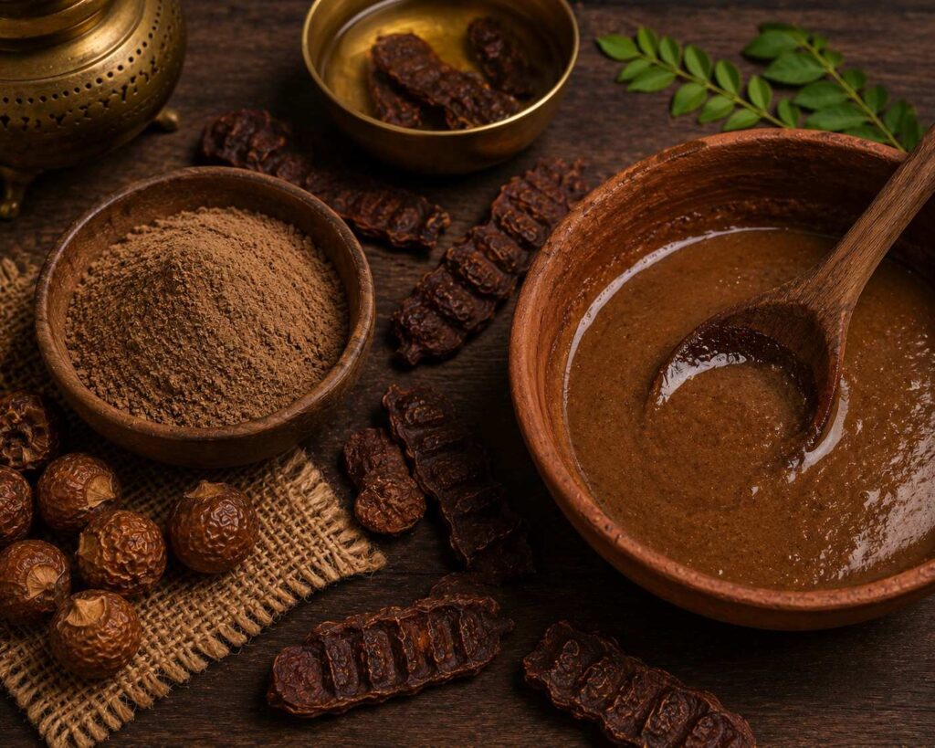shikakai powder and reetha natural shampoo paste in clay bowl for sulphate free hair washing damaged hair India