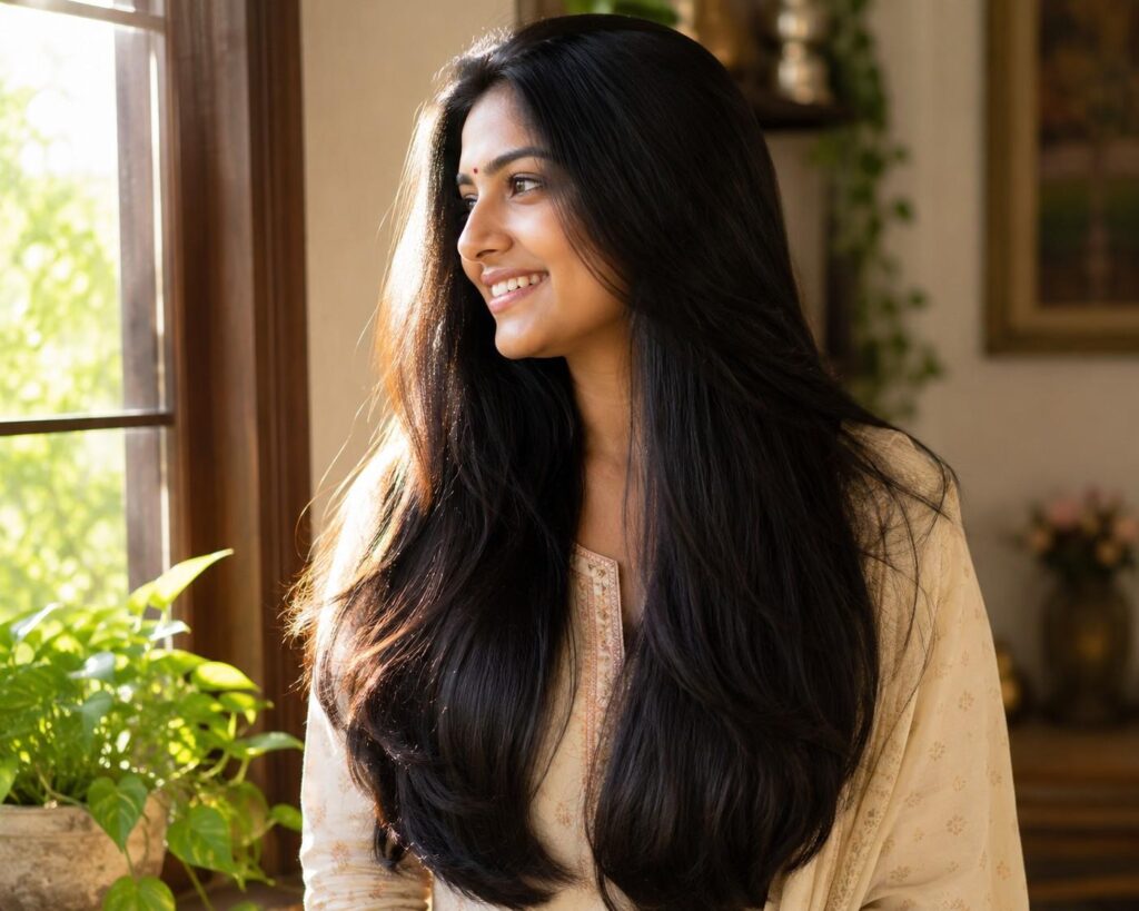 Indian woman with healthy shiny strong hair after using natural home remedies to repair damaged hair