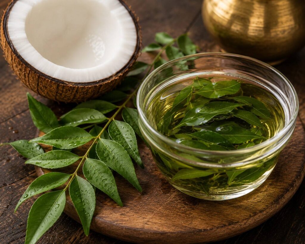 Curry leaves and coconut oil hair treatment, a natural Ayurvedic remedy for damaged hair, hair fall, and hair growth."