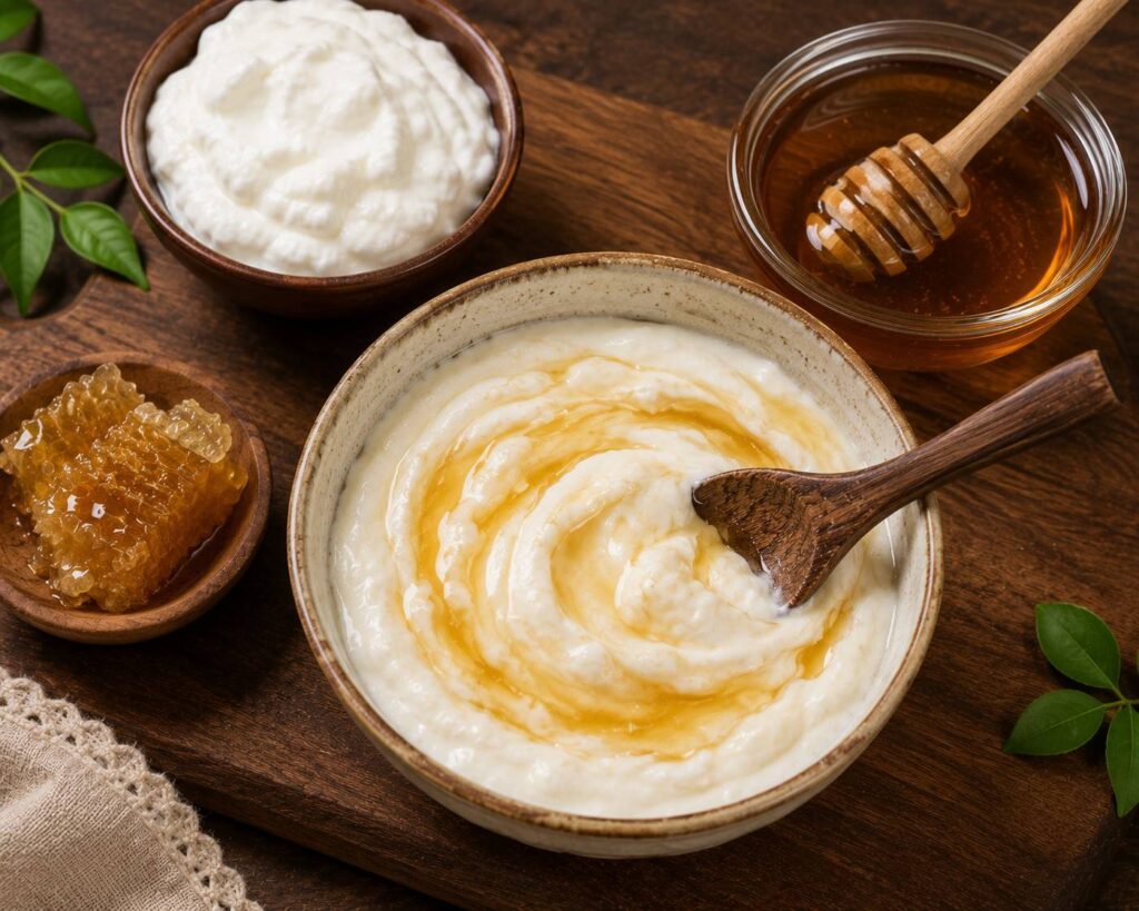 Homemade curd and honey hair mask for deep conditioning, hair repair, and natural shine."